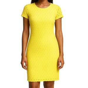 Y2K Vintage Bisou Bisou Yellow Lace Sheath Dress L 14 Crochet Overlay Boho Glam